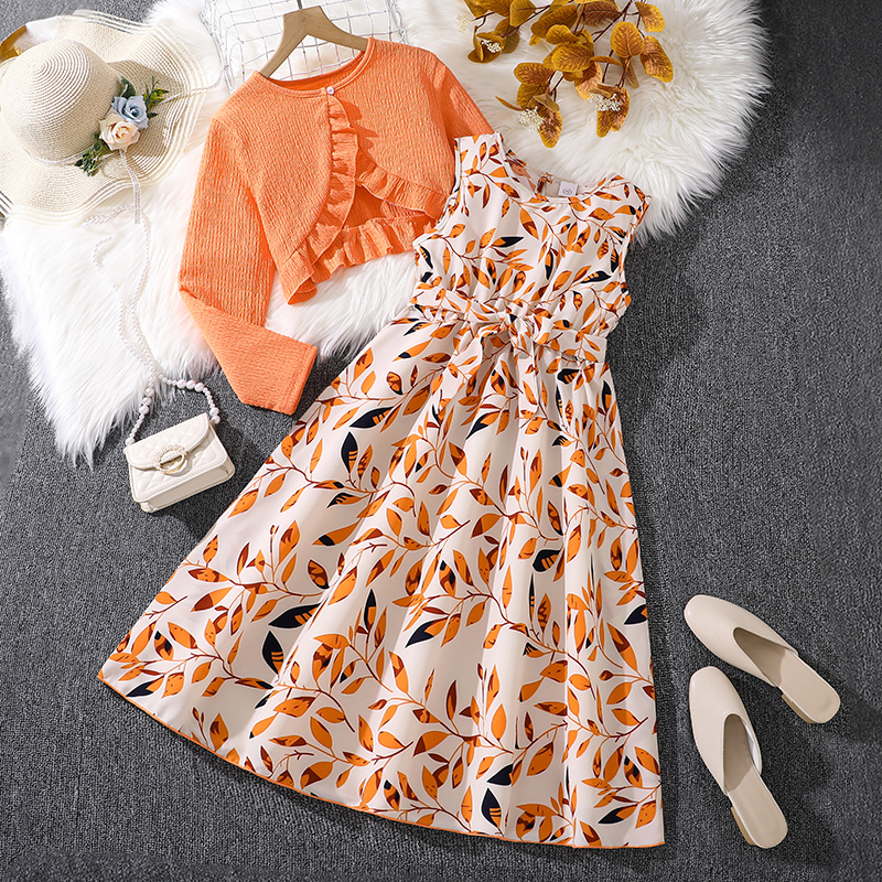 Trajes de vacaciones informales para niños, Top naranja de manga larga y vestido estampado, trajes elegantes para niñas, ropa de vacaciones, trajes para niños