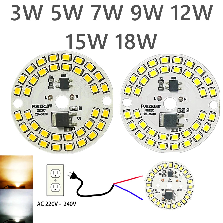 Fuente de luz de bombilla LED de 18W, 3W, 5W, 7W, 9W, 12W, 15W, SMD2835, Chips de bombilla redonda, cuentas de luz, AC220V-240V, Chip de bombilla de foco de iluminación