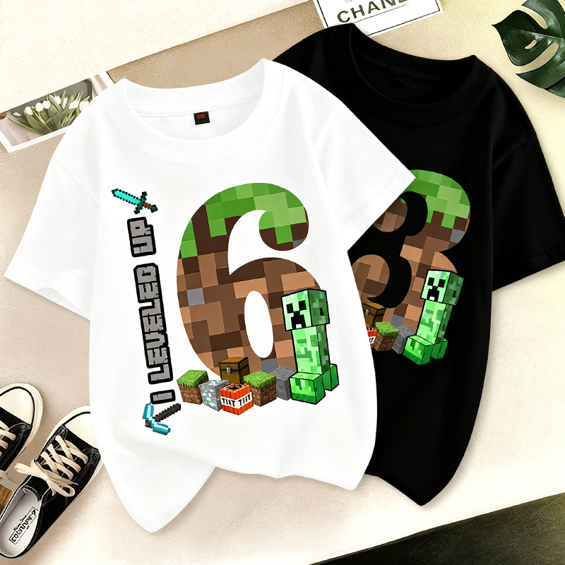 เสื้อยืดลายการ์ตูนมายคราฟ สำหรับงานวันเกิด ของขวัญเด็กผู้ชาย เสื้อผ้าเด็ก เสื้อยืดคอกลม แขนสั้น สำหรับฤดูร้อน