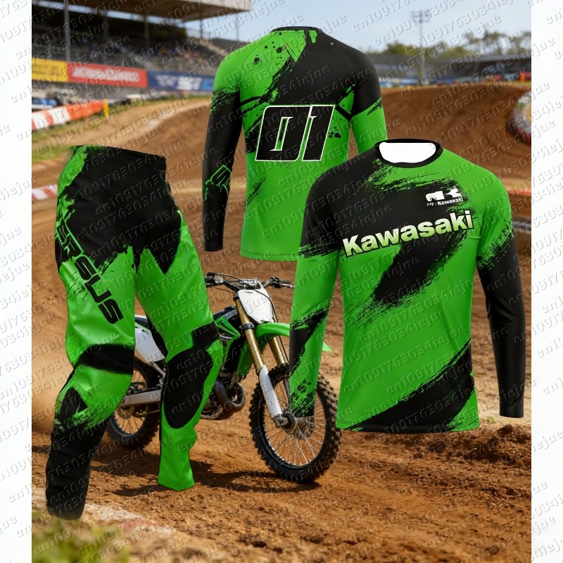 2025-26 Motocross Kawasaki Jersey and Pants for Kids Set The Motocross Endurance Gear Combination Off-road Youth Racing Suit