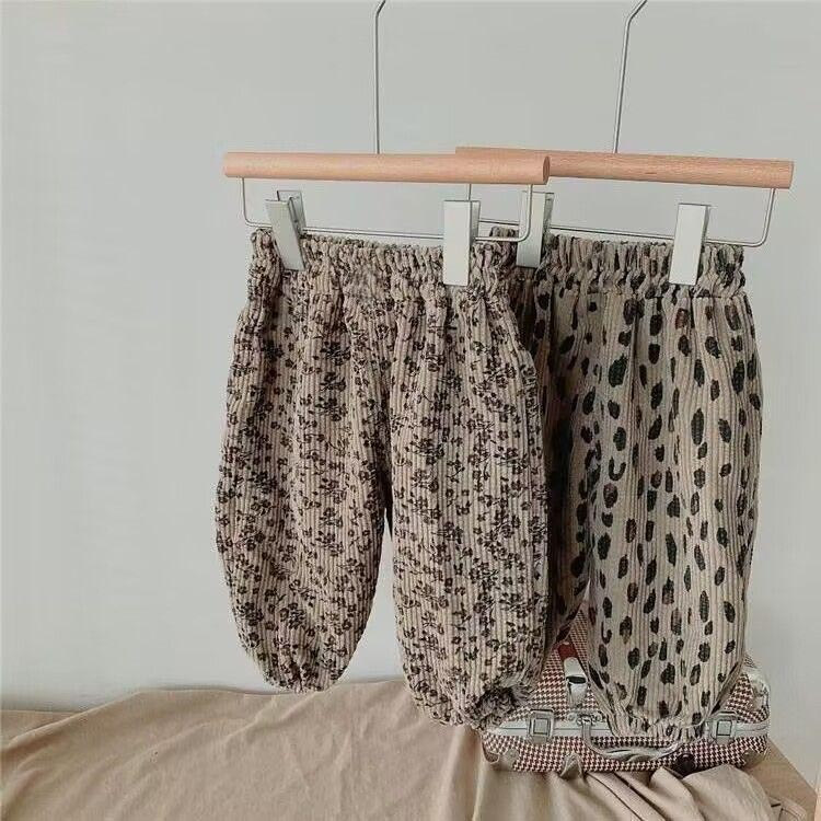 Koreanischer Stil Kleinkind Mädchen Cord Haremshose 1-8Y Leoparden-Blumendruck Herbst Winter Fleece-gefütterte oder dünne Freizeithose