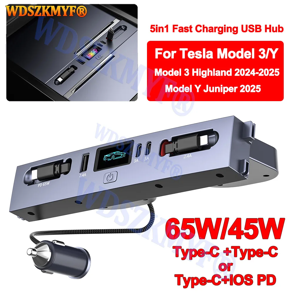Dla Tesla New Model Y Juniper 2025 Model 3 Highland 2024 65W 45W Centralny Panel Sterowania Szybkie Ładowanie TPYE-C USB HUB Rozszerzający Dock