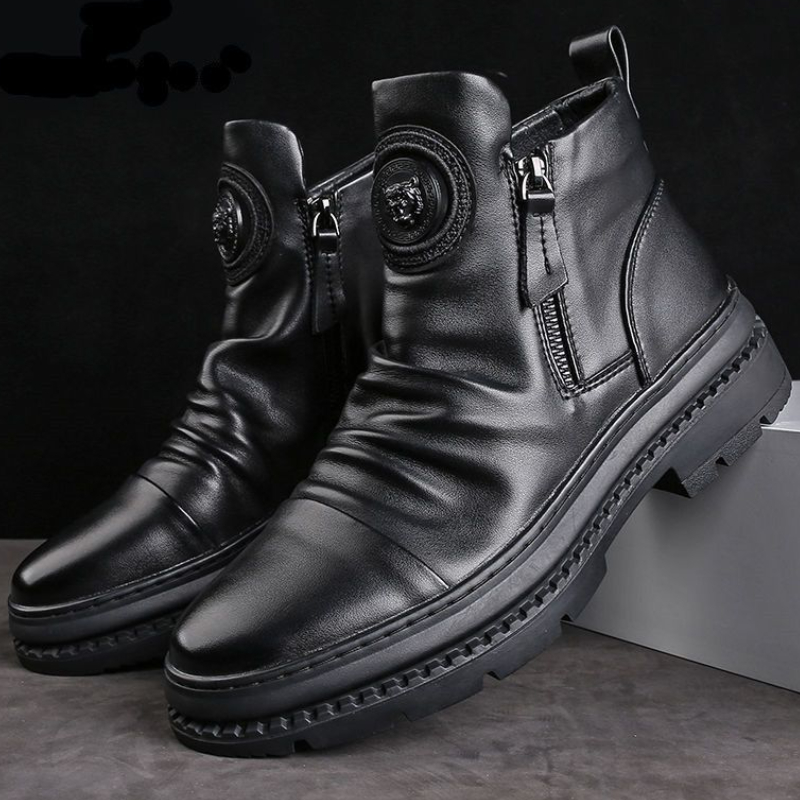 Herren Motorrad Lederstiefel britischen Stil runden Kopf High Top Schuhe Seite Reiß verschluss Walking Casual Plateaus tiefel Bota Masculina