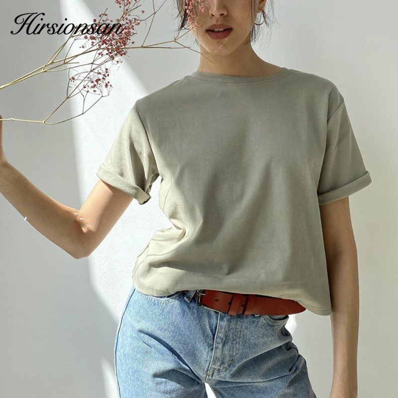 Hirsionsan 100% Katoen Oversized T Shirt Vrouwen Harajuku Basic Losse Korte Mouw Tees Zachte Vrouwelijke Solid Tops Kaki Zomer Jumper