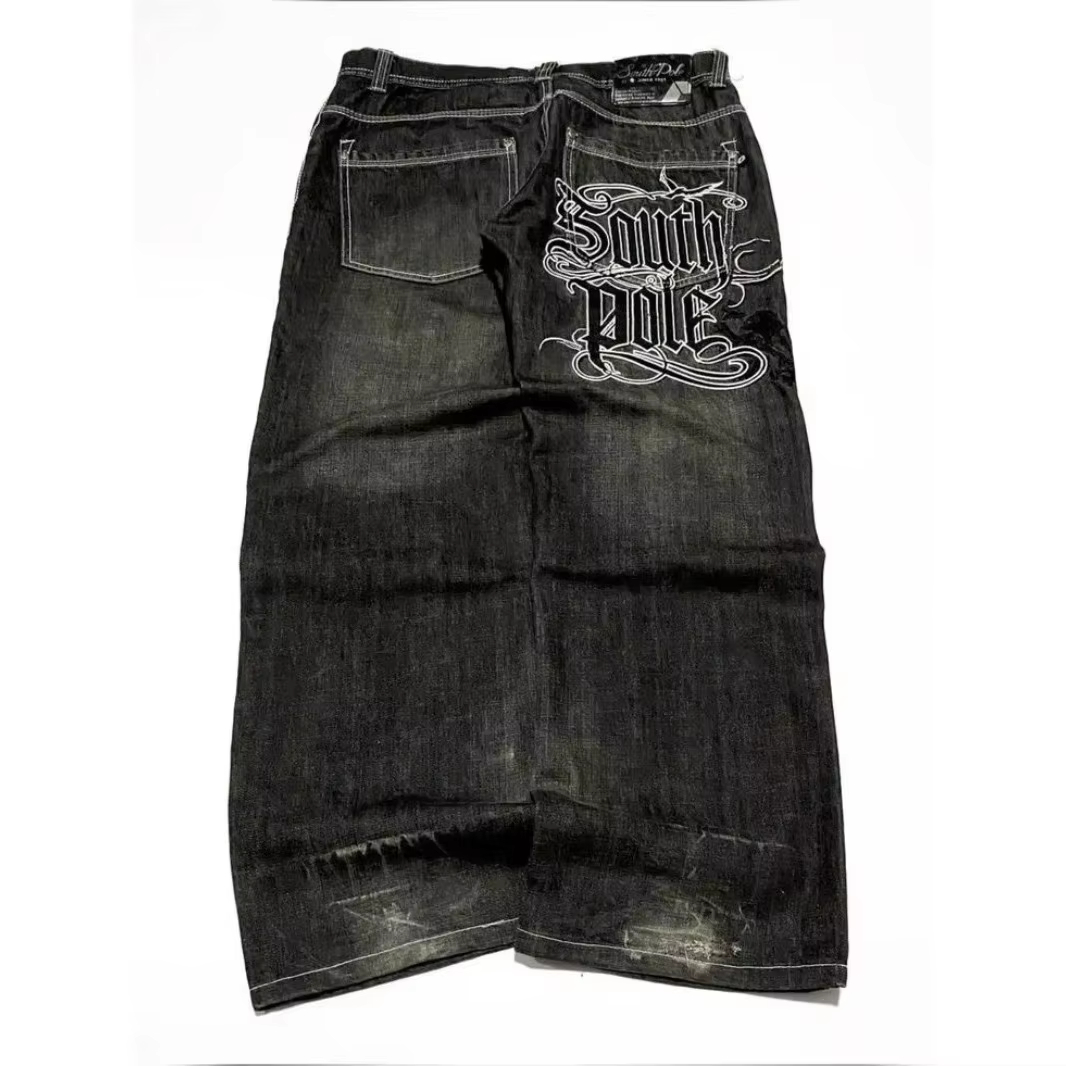Amerykańskie dżinsy z haftowanymi literami w stylu streetwear, luźne, męskie, Harajuku Y2K, nowe, hip-hopowe, oversize, z szerokimi nogawkami, unisex, dżinsy do zamiatania podłogi.
