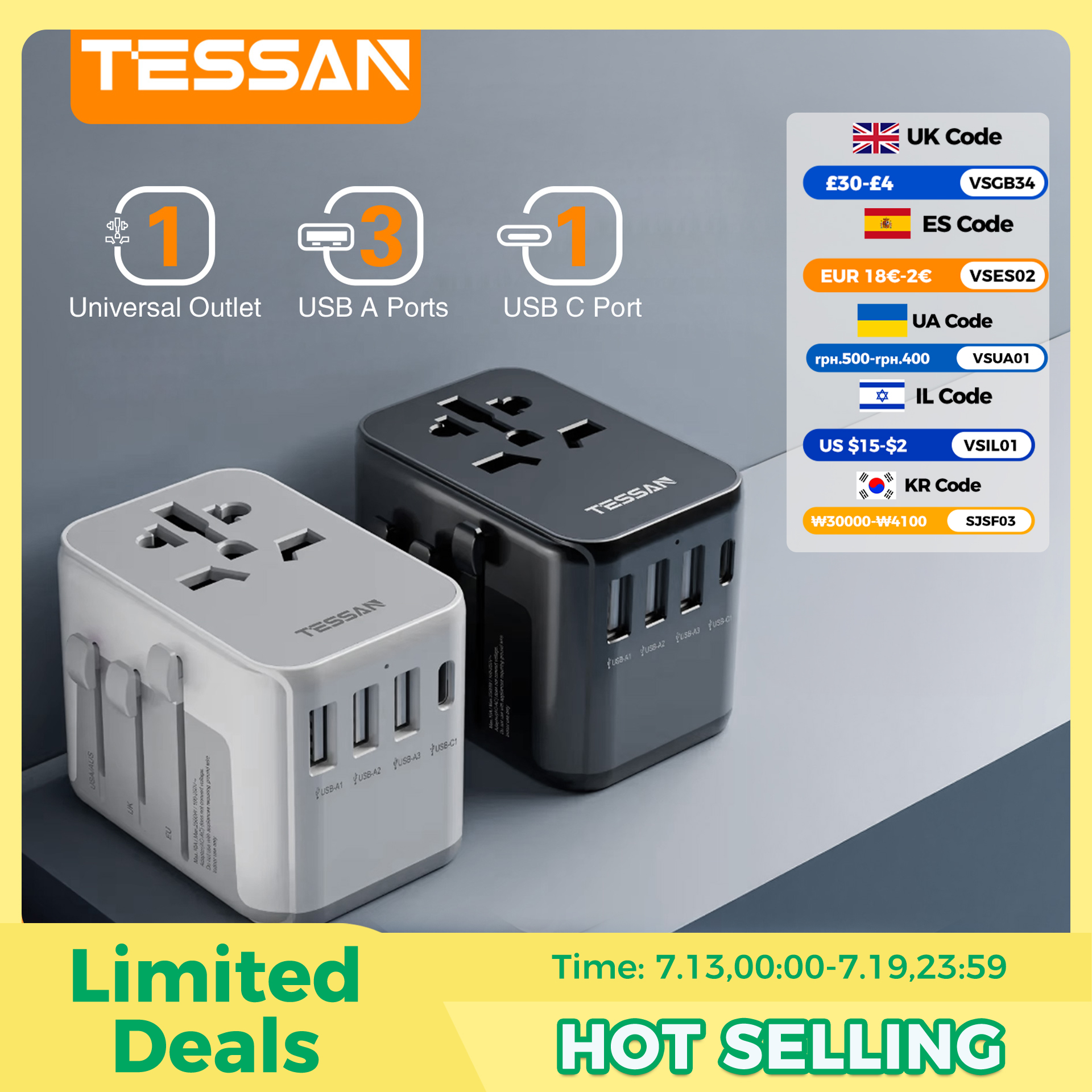 TESSAN Universal Travel Adapter with USB Port and Type C, Worldwide Power Adapter EU/UK/USA/AUS Plug for International Travel