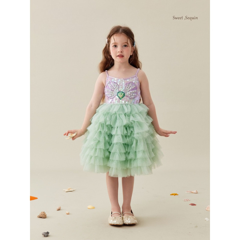 2026 Mädchen Sommerkleid mit Muschel-Pailletten-Dekor, Tüll-Tutu, Prinzessinnenkleid, Festliches Meerjungfrauen-Kostüm, Ärmelloses Kleid