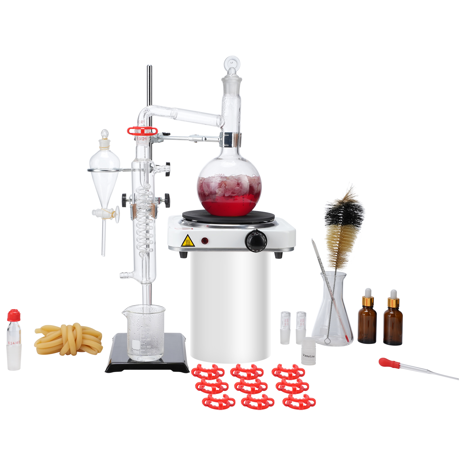 SucceBuy Kit de distillation d'huile essentielle 500 ml 2L appareil de distillation 3.3 Kit de distillation de verrerie de laboratoire Boro avec plaque chauffante