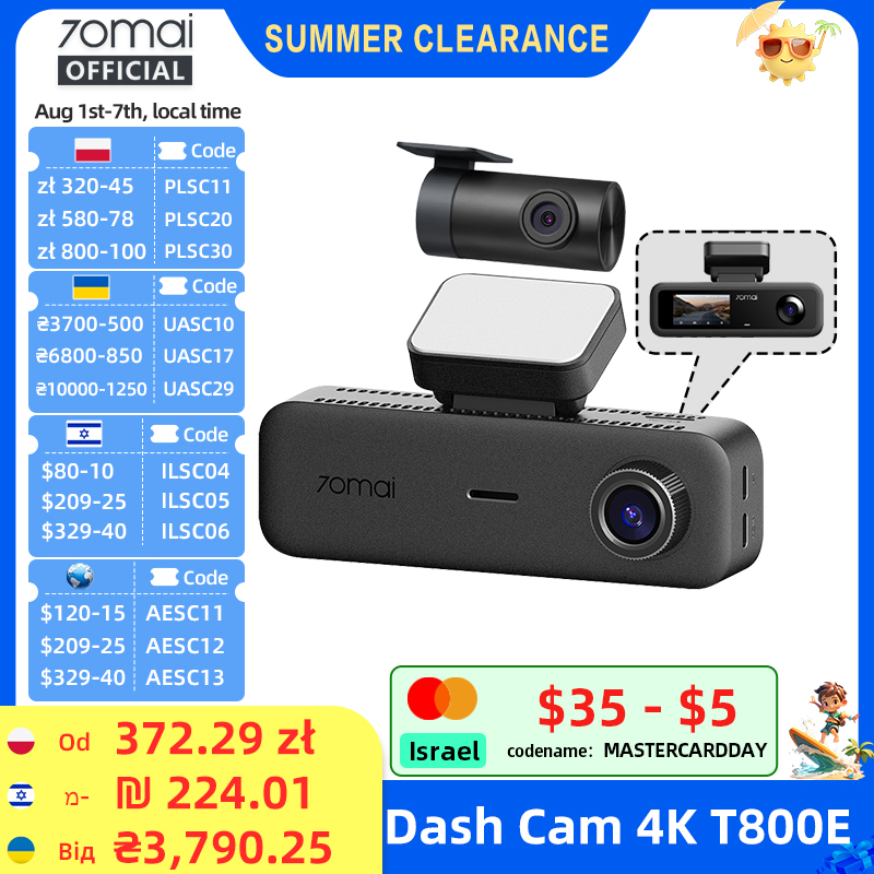 70mai T800E Registratore a 3 canali: anteriore 4K + posteriore 1080p + interno 1080p HDR, supercondensatore, parcheggio 24H, GPS, WiFi 6, controllo vocale