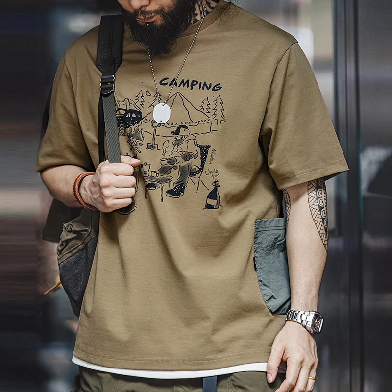 Maden Vintage Sommer Kurzarm-T-Shirts Outdoor-Camping Spaß-Print-Shirts mit Wasserdichter Tasche Lässige Weite Oberteile für Männer