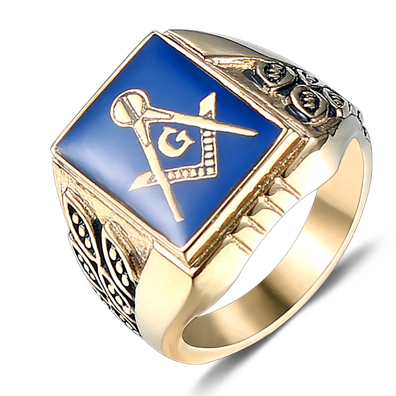 Anello Massonico Classico Blu in Acciaio Inossidabile con Bussola, Gioiello da Uomo