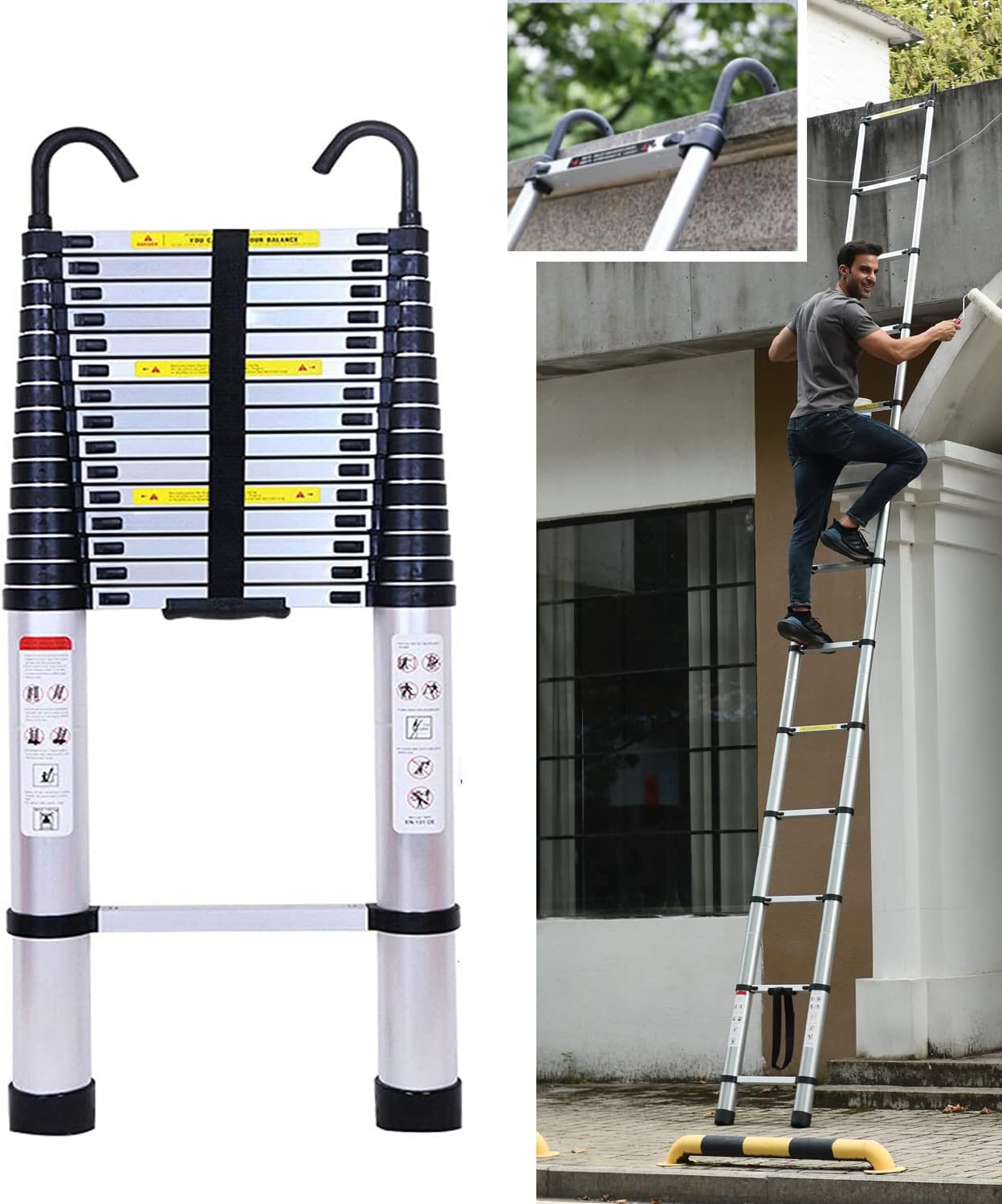 Escalera telescópica de 6,2 m con ganchos desmontables y escalones extensibles, escalera alta plegable con pies antideslizantes escalera plegable