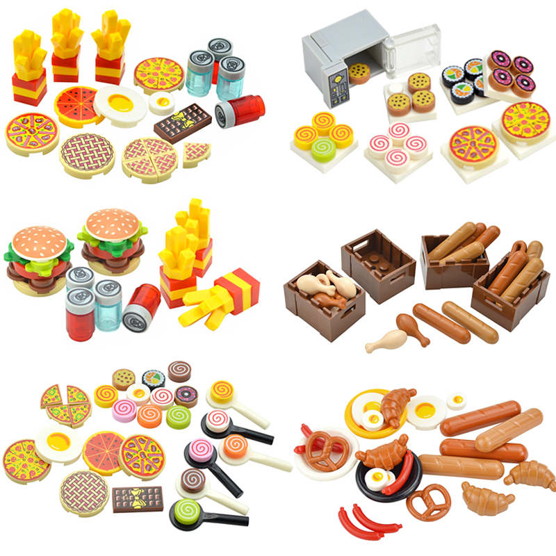 Città Cibo Hamburger Patatine Fritte Accessori Amici MOC Building Blocks Bevande Frutta Verdura Pane Bottiglia di Pesce Parti MOC Mattoni Leduo