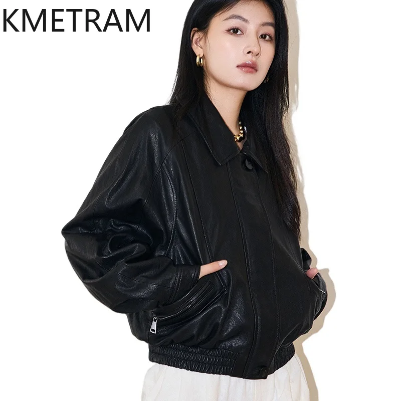 Real pele de carneiro jaqueta de couro genuíno feminino vintage preto jaquetas 2024 alta qualidade outerwears outono roupas femininas дубл onderка
