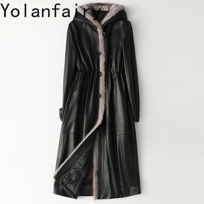 YOLANFAIRY 100% натуральная овчина, куртка из натуральной кожи, женские зимние длинные пуховики с капюшоном, черные пуховики с воротником из норки
