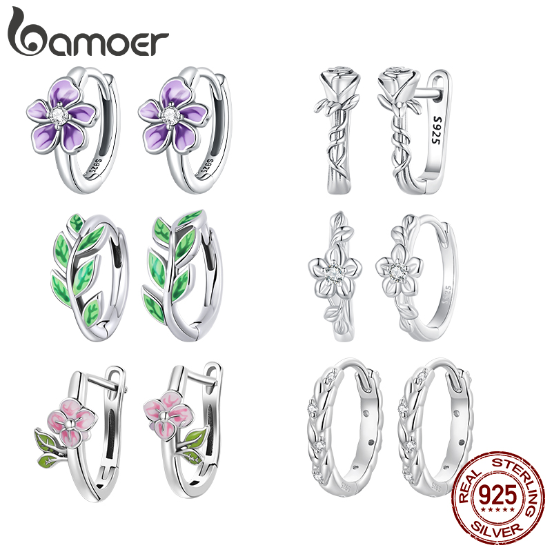 Bamoer Orecchini a cerchio in argento sterling 925 con foglie di fiori Fibbie di bambù colorate carine per regali di gioielleria raffinata per donne e ragazze