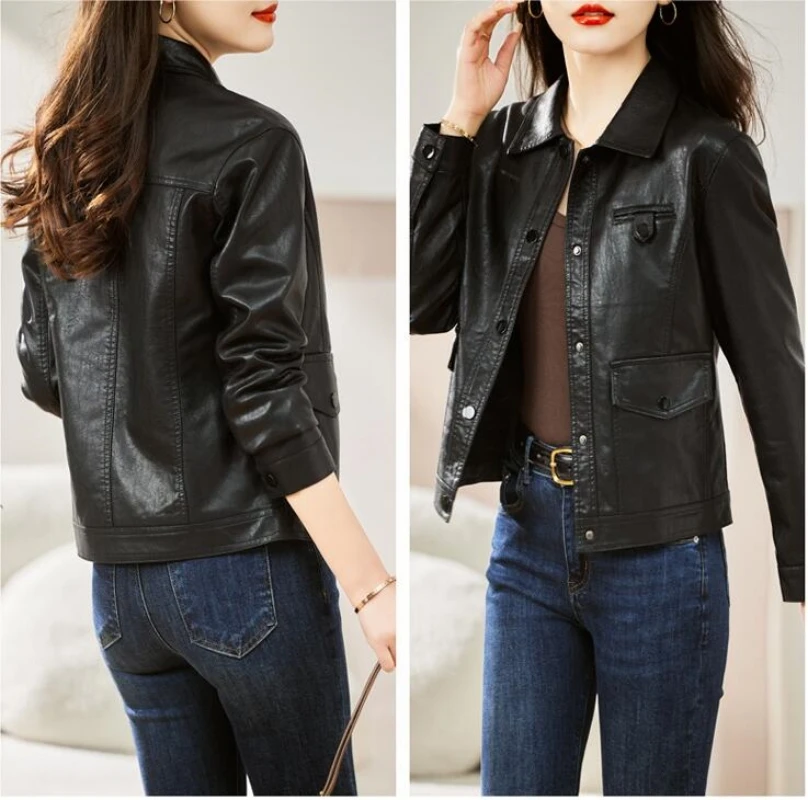 Neue Frauen Echtes Leder Jacke Herbst Winter Mode Moto & Biker Stil Oberbekleidung drehen-unten Kragen Kurze Schaffell Mantel