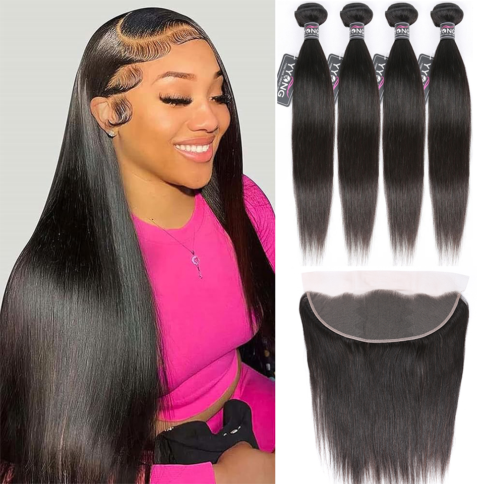 Yyong cabelo liso brasileiro 3/4 pacotes com frontal remy cabelo humano 13x4 orelha a orelha fechamento frontal com pacotes