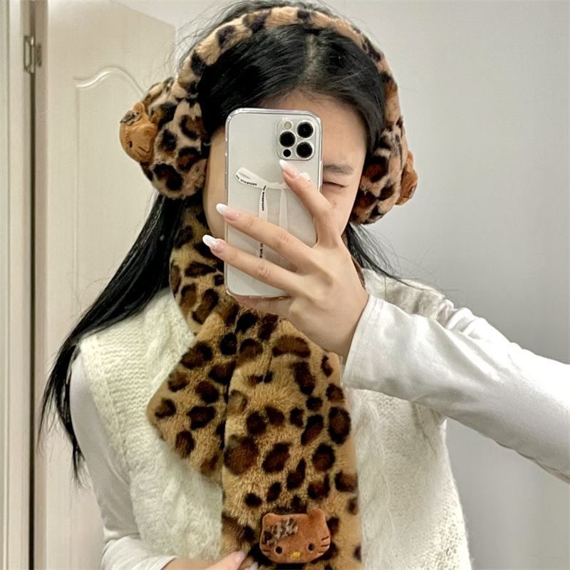 Sanrios Winter Leopard Hello Kitty Earmuffs & Scarf 2 Pcs Sets Women's Cute Y2k Student Cycling Warm Plush Fluffy Accessories