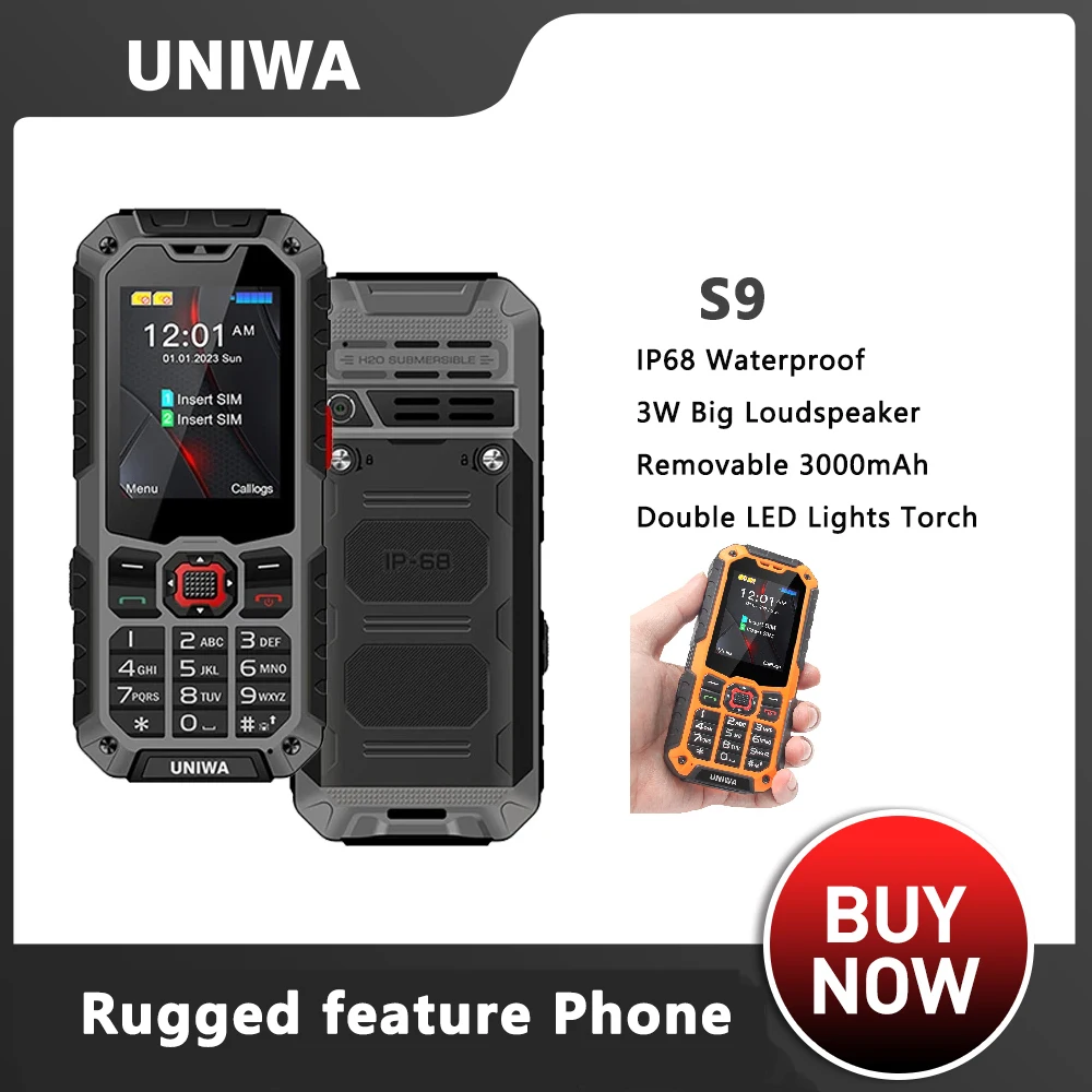 UNIWA S9 4G Teléfono robusto 2,4 pulgadas IP68 Antorcha impermeable Teléfono celular con teclado
