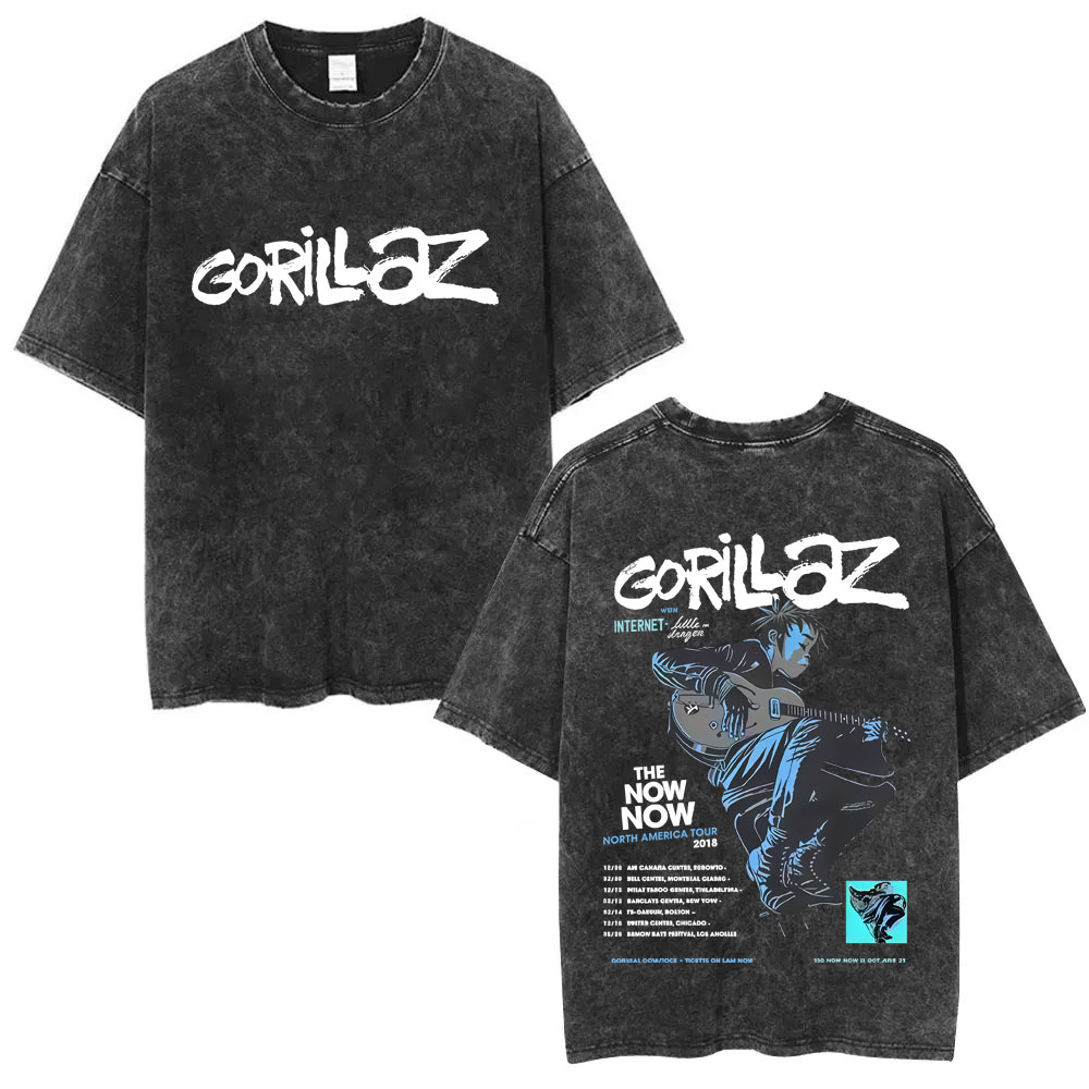 เสื้อยืดลายกราฟิกอัลบั้ม The Now Now ของวงร็อค Gorillaz สไตล์วินเทจ ล้างสีแล้ว เสื้อผ้าผู้ชายผู้หญิง ฮิปฮอป พังก์ ทรงโอเวอร์ไซส์ คอกลม