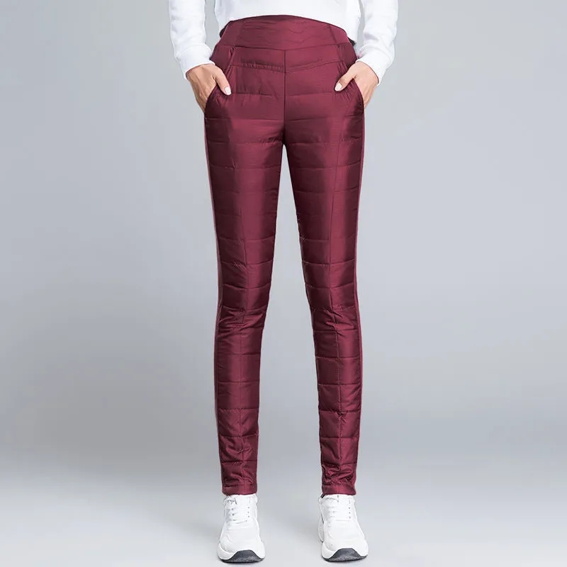 Pato branco para baixo lápis calças inverno quente engrossar elástico fino algodão pantalon feminino casual à prova de vento cintura alta neve wear pant