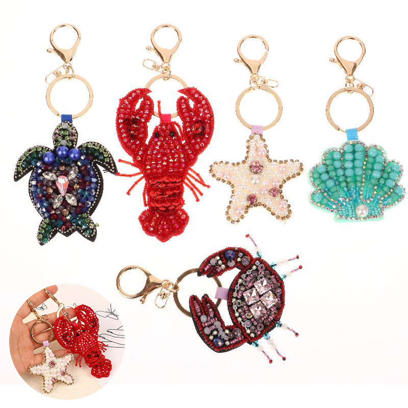 Liontin Lobster Berhias Berlian Imitasi, Gantungan Tas Cantik Jahitan Tangan, Cangkang Kepiting, Penyu, Tali Gantung, Patch Aplikasi, Tali Tas