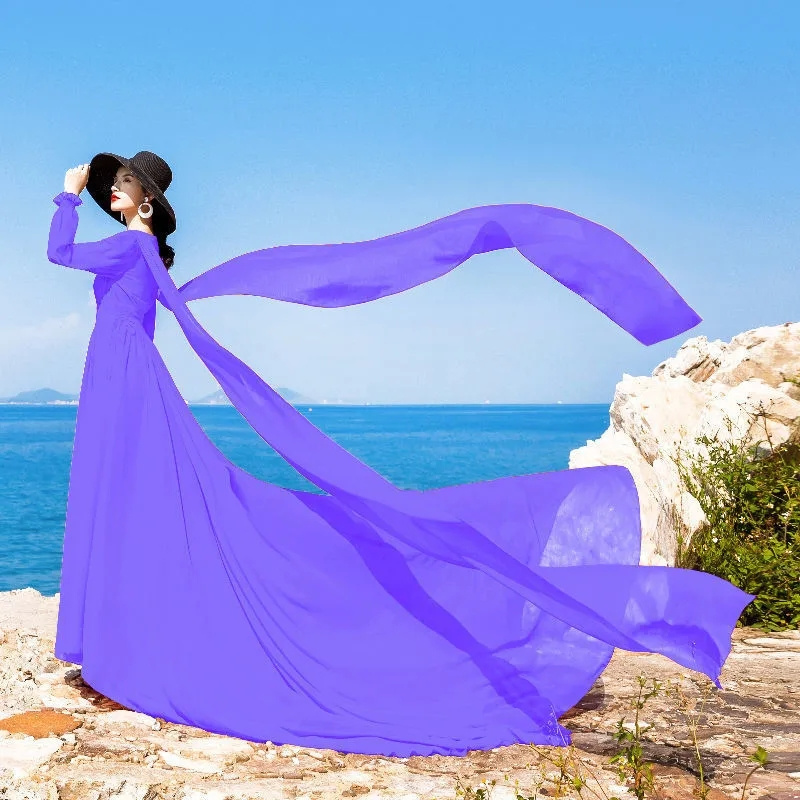 2025 V-Ausschnitt Vintage großes rotes Chiffon-Kleid Trail Long Sleeves fließendes großes Swing-Strandurlaubskleid Reise-Shooting langes Kleid