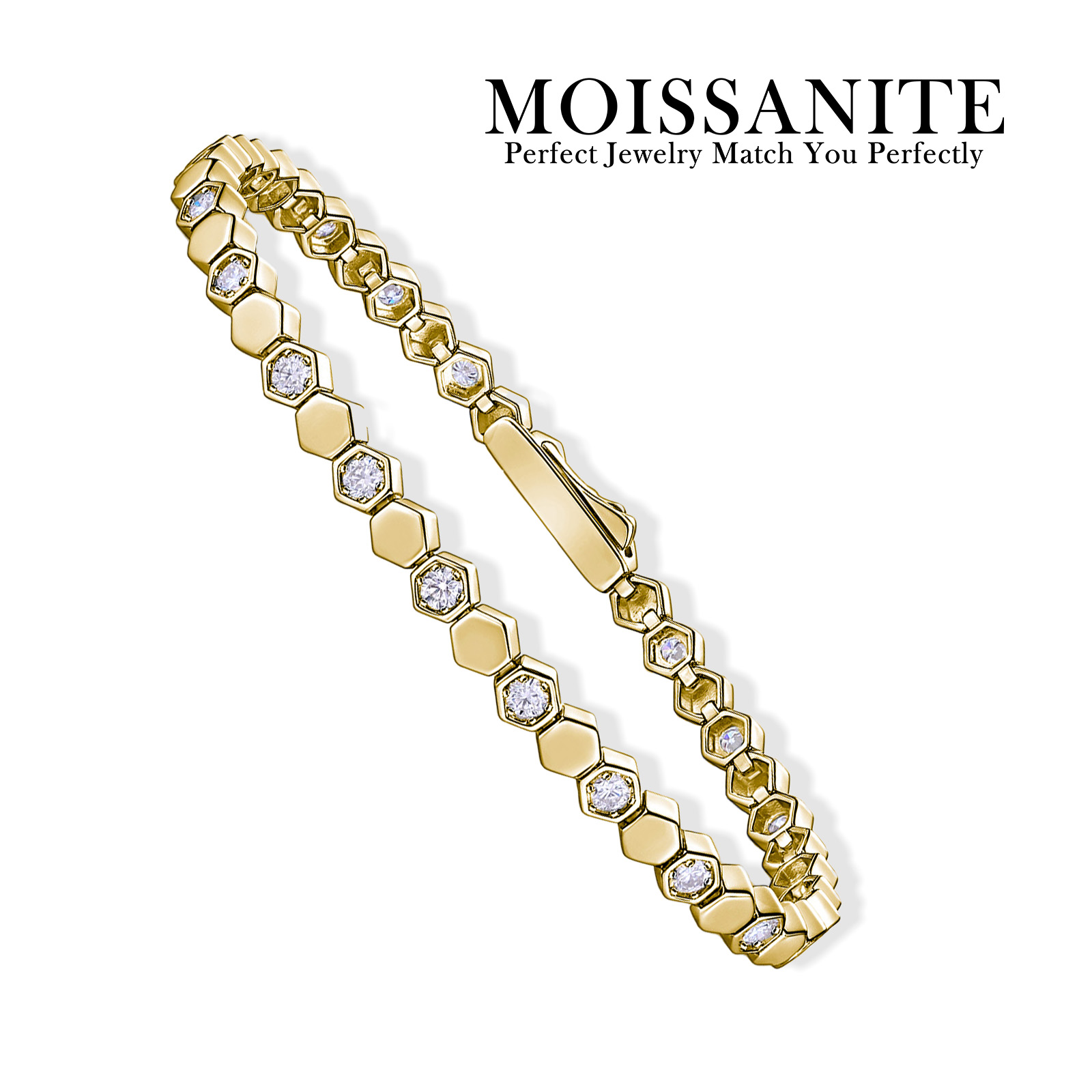 สร้อยข้อมือเทนนิสทรงหกเหลี่ยมประดับมอสซาไนต์ชุบทอง 14K เงินแท้ 925 สำหรับผู้หญิง สีสันระยิบระยับ ดีไซน์เรขาคณิต ของขวัญเครื่องประดับ