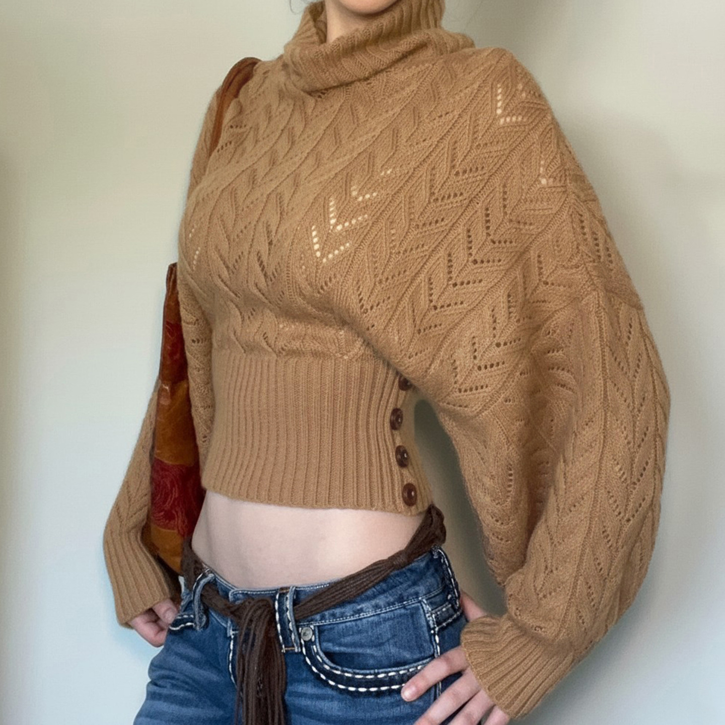 Suéter de punto marrón de cuello alto para mujer, Jersey Vintage de manga larga de murciélago con botones calados, jersey de cintura, tiradores para Otoño e Invierno, nuevo 2025