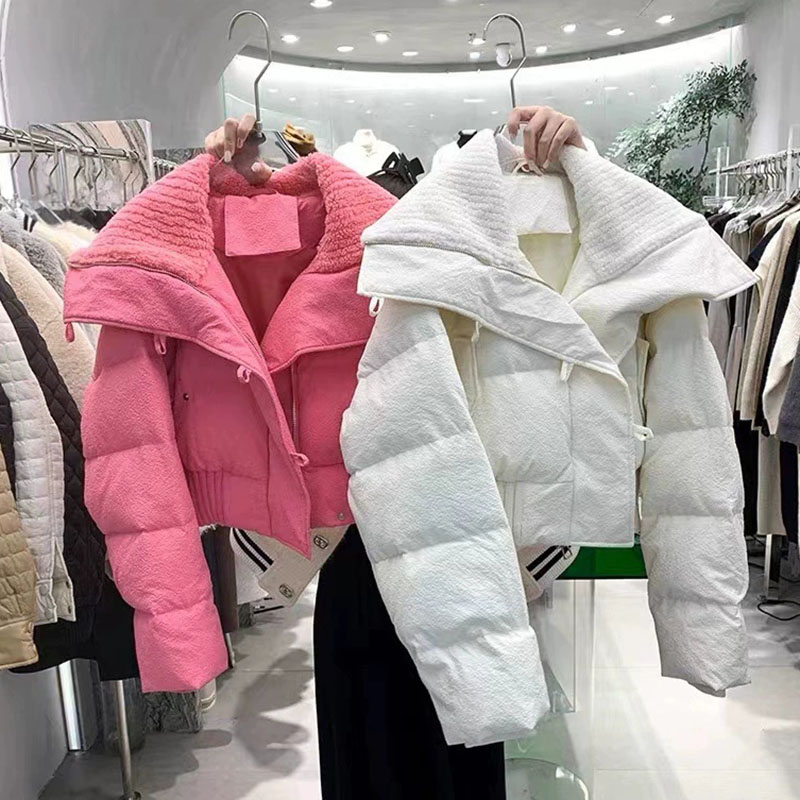 Женские зимние утепленные парки, корейская мода, вязаные короткие пуховые хлопковые пальто с большим воротником, уличная одежда, универсальная верхняя одежда на молнии