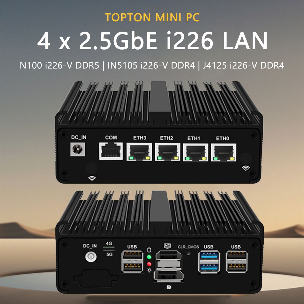 Lüfterloser N100 N5105 J5040 J4125 Industrie-Mini-PC Micro-Firewall-Gerät 4 x 2,5 GbE i226 LAN Mini-Computer Heimnetzwerk-Router