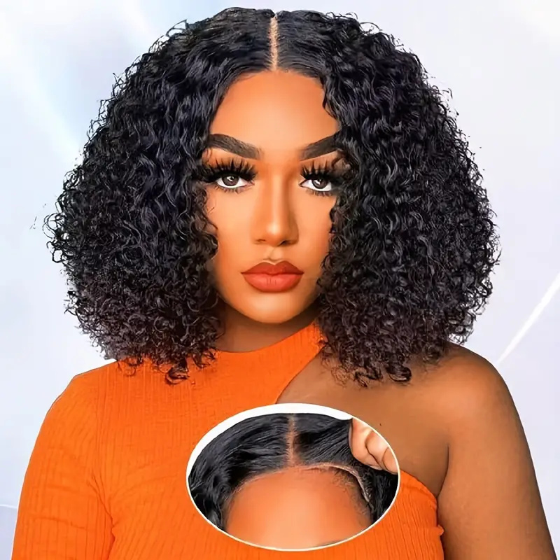 Kinky Curly Bob Klaar om te dragen 4x4 Transparante Lace Front Pruiken Haarwerk van Echt Haar Voorgeplukt Lijmloos voor Vrouwen 180% Dichtheid Natuurlijke Kleur