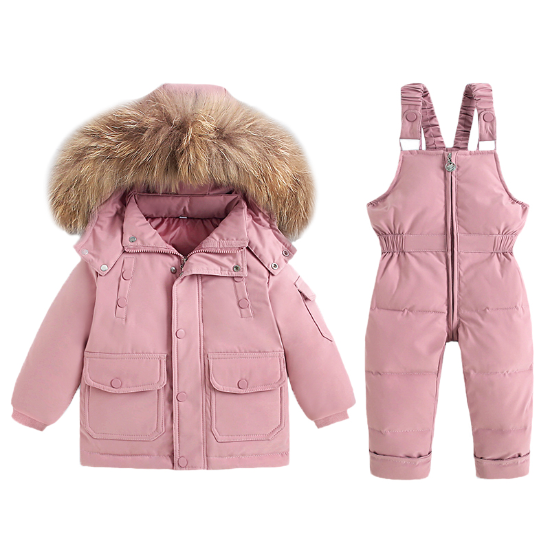 -30Degree Russia 2Pcs Zestaw dziecięcy Zimowa kurtka puchowa i kombinezon Gruby chłopięcy kombinezon narciarski dla dziewczynek Prawdziwy futrzany kołnierz Ciepły dziecięcy kombinezon narciarski