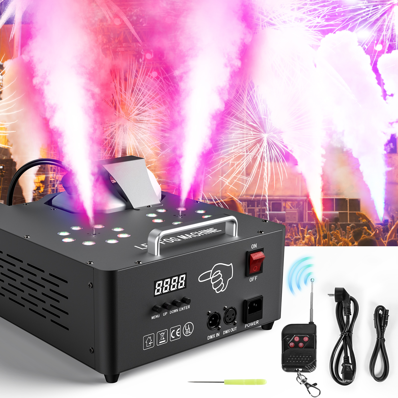 Fieryzeal 2000W Doppelrohr-einstellbare Nebelmaschine DMX512 RGB 3in1 LED 13CH Nebelmaschine Bühne Buntes Spray für Partybankett