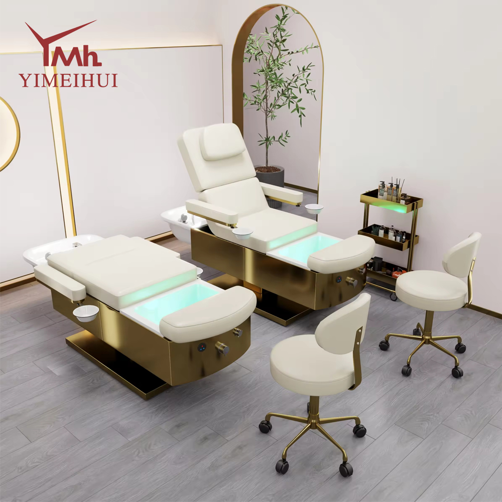Cama de pedicura Facial de diseño de lujo profesional de belleza 3 en 1, cama de champú de belleza para el cuidado Facial multifuncional con bañera para pies