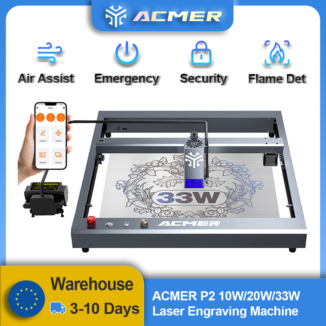 ACMER P2 33W 20W 10W Lasergravierer mit Luftunterstützung Industrieschienen WIFI Gravurschneidemaschine Schnitzen Holz Leder für Unternehmen