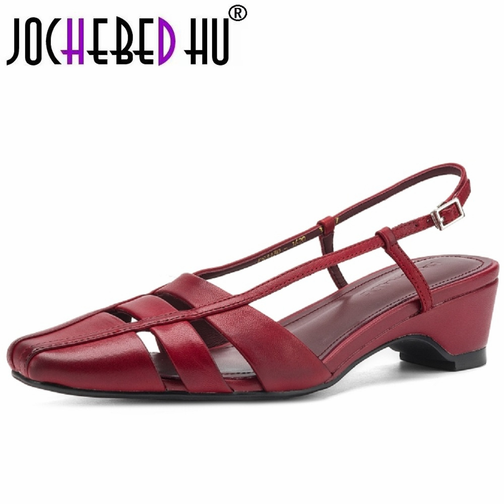 【JOCHEBED HU】Sandali da donna fatti a mano in vera pelle con tacco medio cavo, punta quadrata, senza schienale, slip-on, novità estiva 34-42