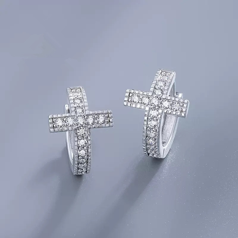 Huitan Fashion Dainty Cross Circle Earrings Women/Men Daily Jewelry Unisex Trendy Silver Color Brilliant Zirconia Accessories