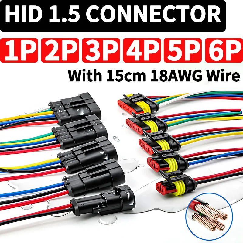 5/20/100 Sets HID 1/2/3/4/5/6 Pin Waterproof Auto Connector Kit with 15CM 18AWG Wire for Car/Truck Harness Wiring