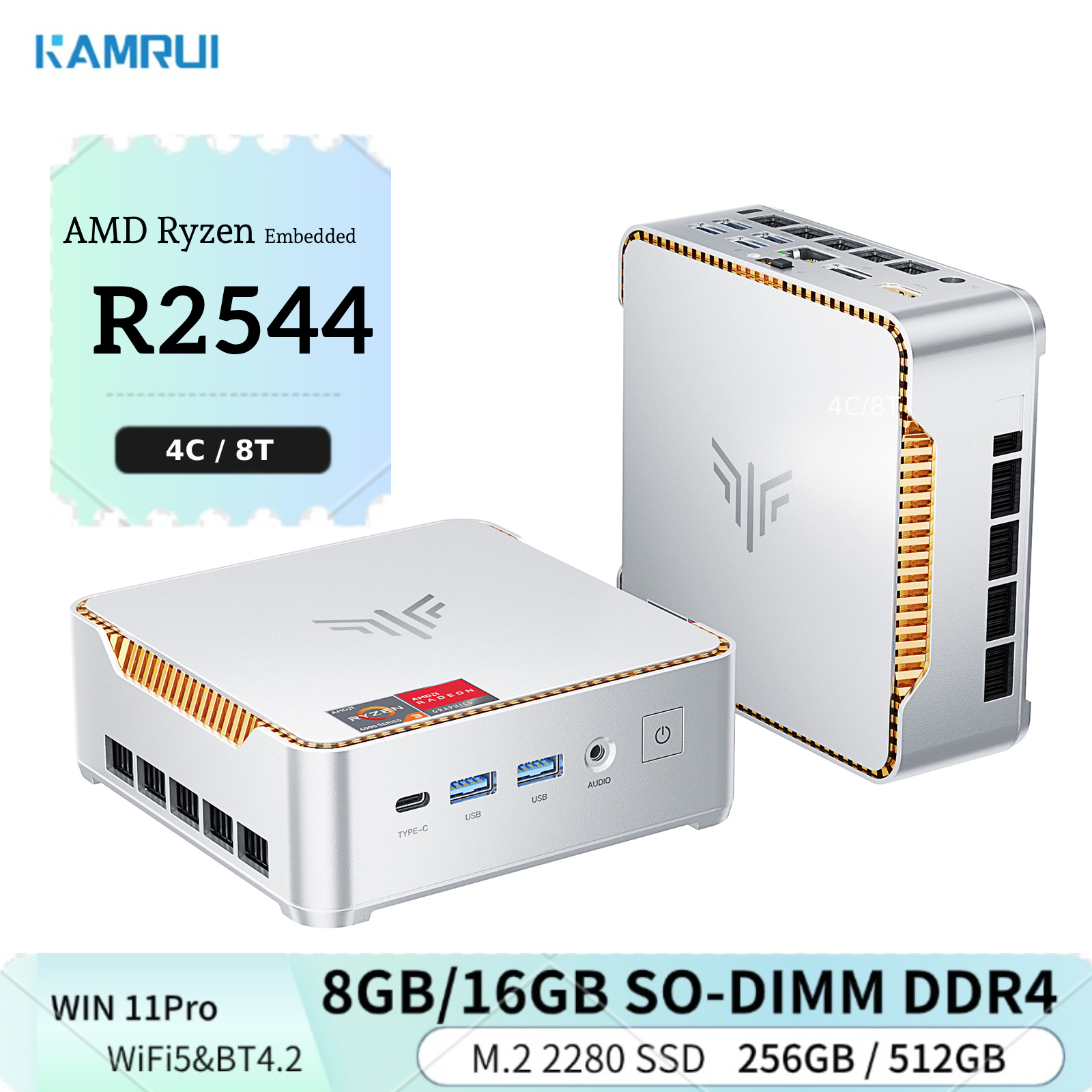 KAMRUI Mini PC 16GB SO-DIMM DDR4 512 M.2 2280 SSD AMD Ryzen R2544 up to 3.7GHz HDMI+DP1.4 Dual 4K UHD WiFi5 Desktop Micro PC