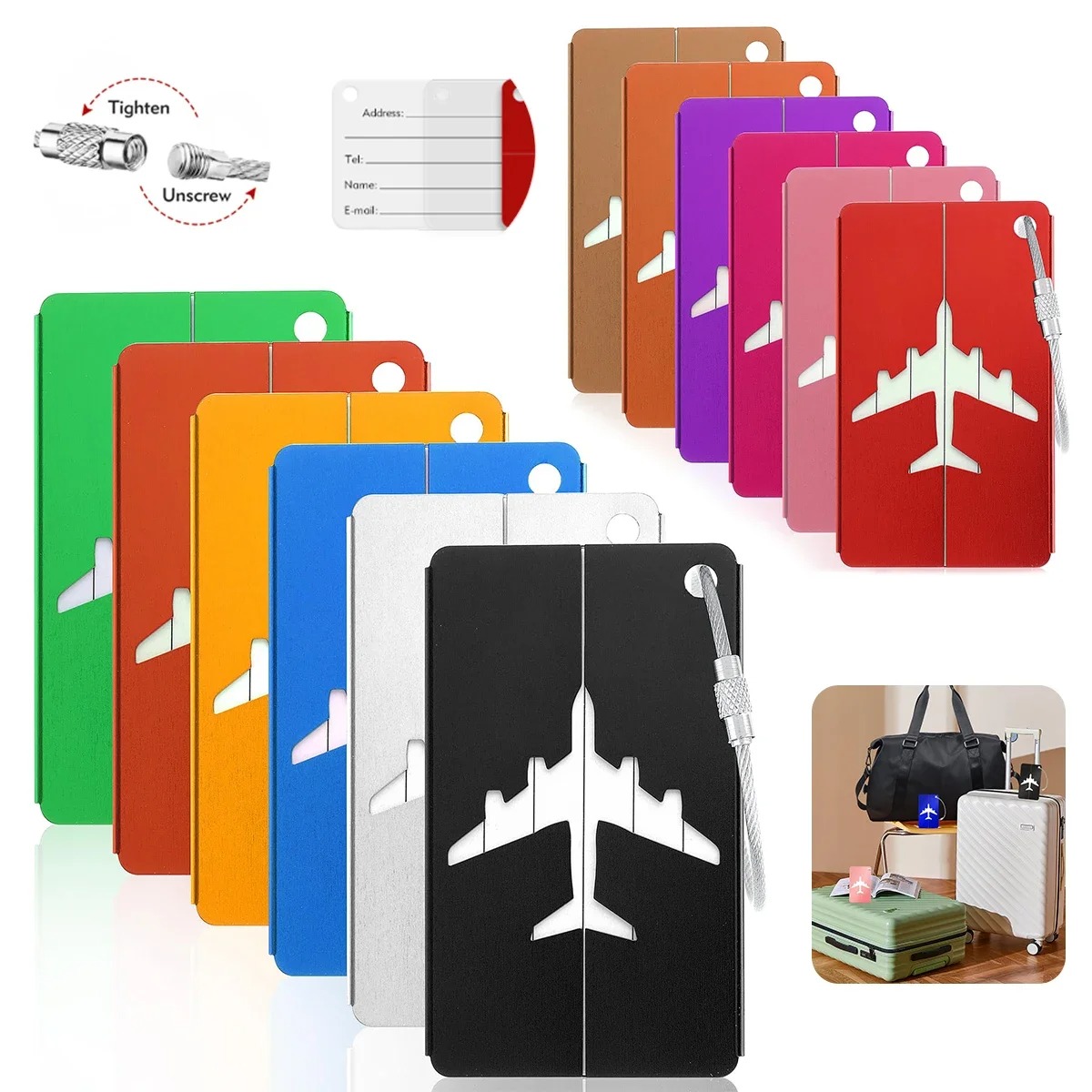 Etiqueta de equipaje de avión de aleación de aluminio con nombre, etiqueta de equipaje de viaje, tarjeta de identificación, accesorios de viaje de Color sólido antipérdida
