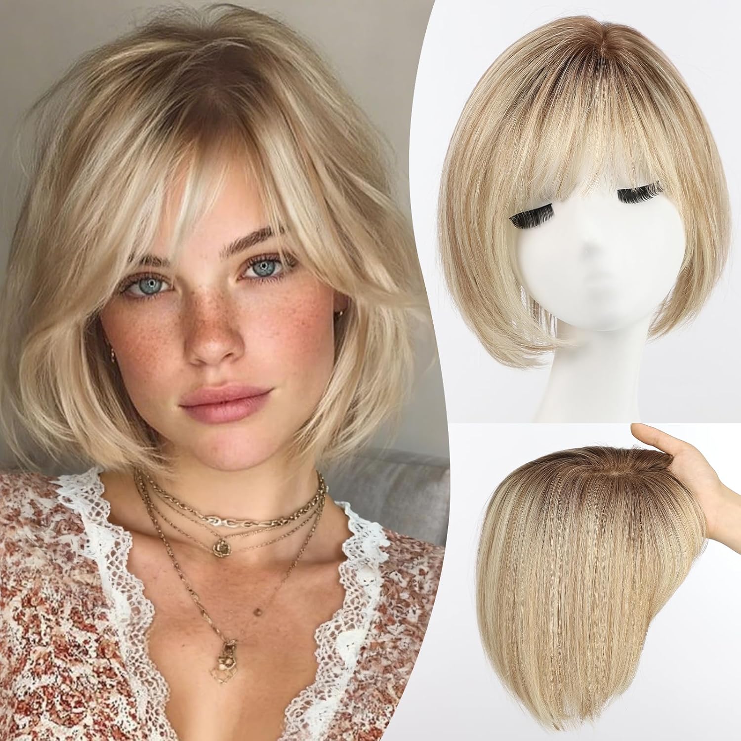 Apliques de Cabelo Humano Ombre Castanho Loiro de 10 polegadas, Base Grande de 6.5*6.5 polegadas, Estilo Bob, com 4 Clipes e Franja com Repartição Lateral para Mulheres