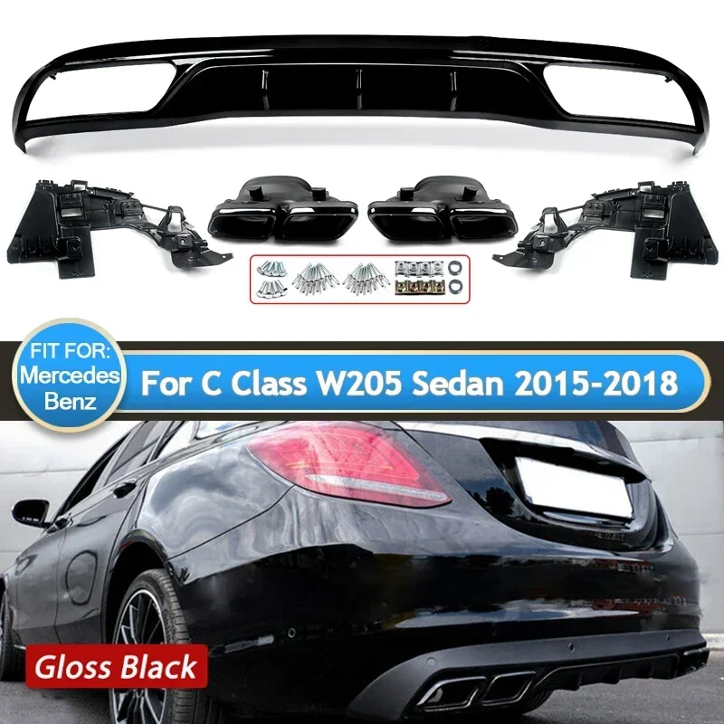 W205 AMG Style Black Rear Bumper Diffuser For Mercedes benz W205 C Class Classic Model 2015-2018 4-outlet Exhaust Tips Endpipe