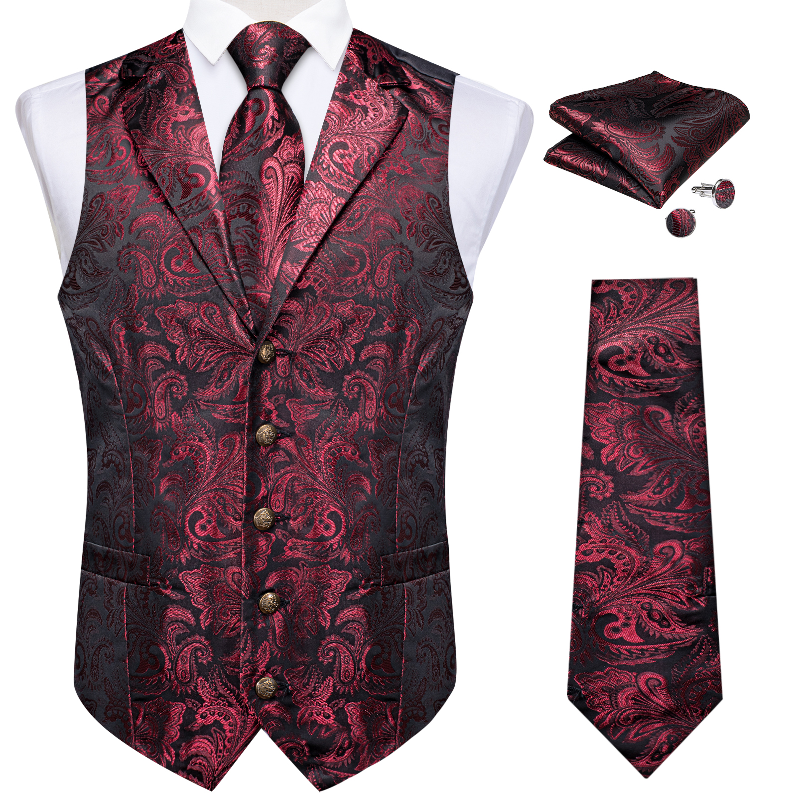 Abito da uomo firmato Gilet rosso Paisley festa di nozze Gilet di seta cravatta fazzoletto gemelli Gilet abbigliamento uomo DiBanGu