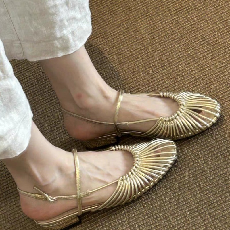 Sandálias Femininas de Tira Traseira com Detalhe Trançado e Bico Redondo, Estilo Francês, Nova Moda Primavera Verão 1203