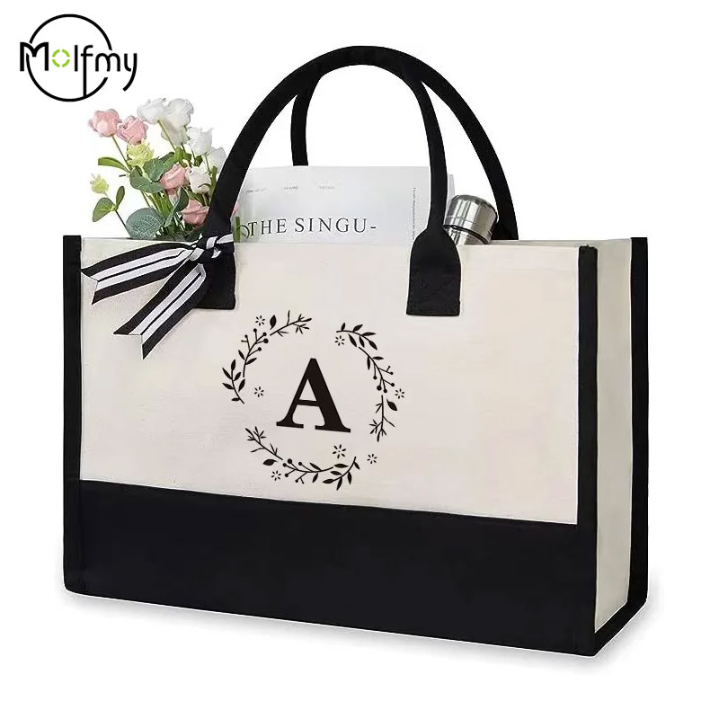 Canvas draagtassen Letter Strandtas Verjaardag Bruiloft Cadeau Gepersonaliseerde Boutique Bedrijfslogo Mode Grote capaciteit Winkelen Bolsos