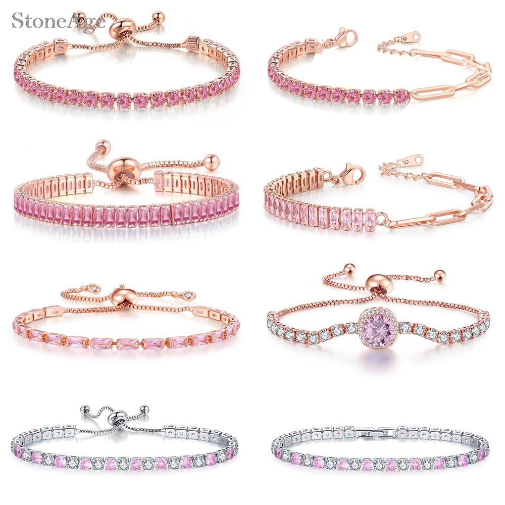 Roze Kristallen Tennisarmbanden voor Vrouwen Vrouwelijke Trend Romantische Glanzende Zirconia Verstelbare Vouwgesp Ketting bij de hand Sieraden