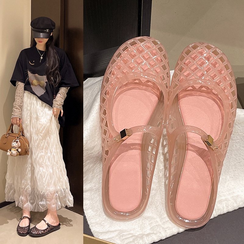 Dames lichte luxe kristallen jelly Mary Jane platte sandalen uitgeholde ademende gesloten teen zomer casual antislip instapschoenen