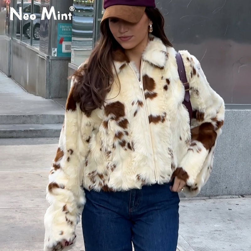 Neo mint chique rua meninas vaca impressão casaco de pele feminino 2025 inverno nova marca moda quente jaqueta de pele do falso outono icônico streetwear